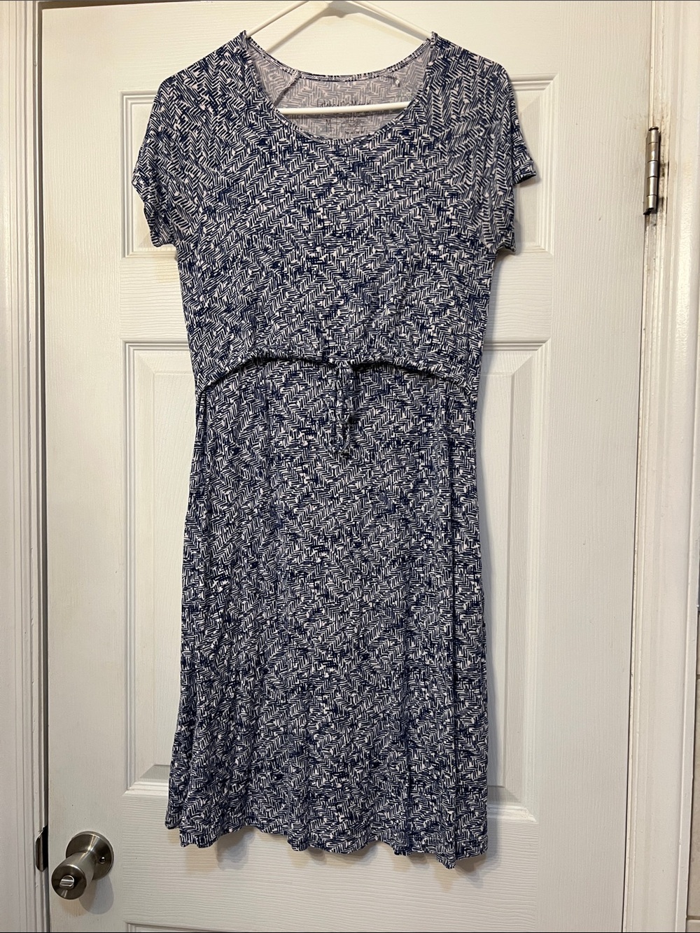 Navy Printed Short-Sleeve Midi Nursing Dress